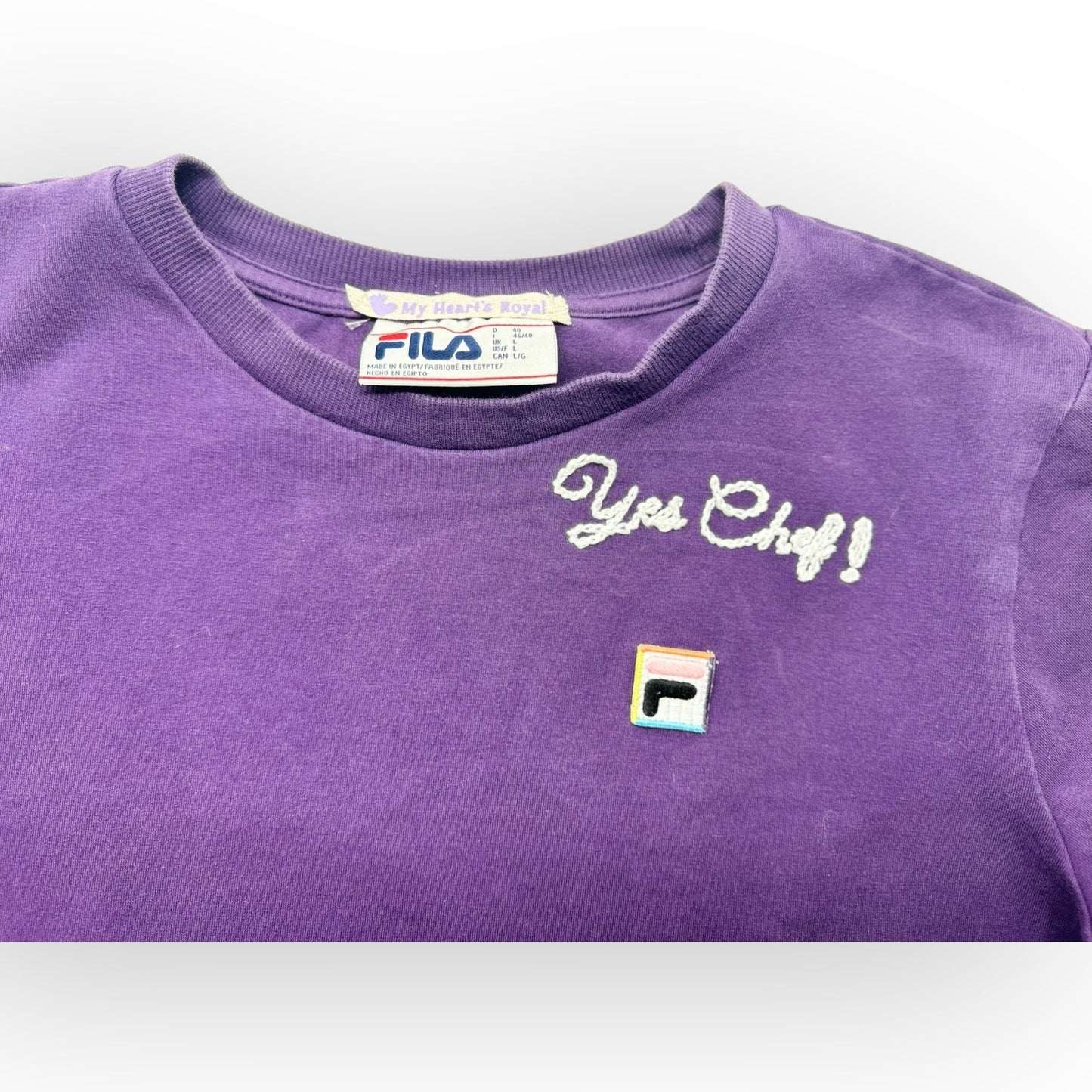 Purple Fila large crop t-shirt Yes Chef!