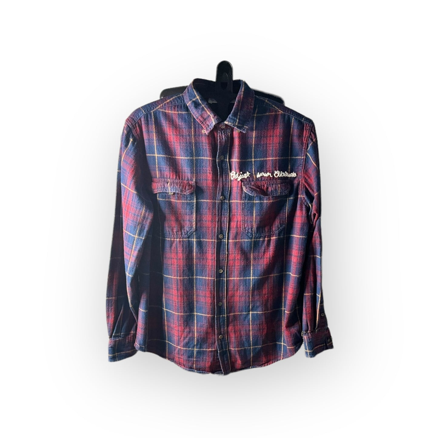adjust your altitude navy and burgundy tartan plaid flannel