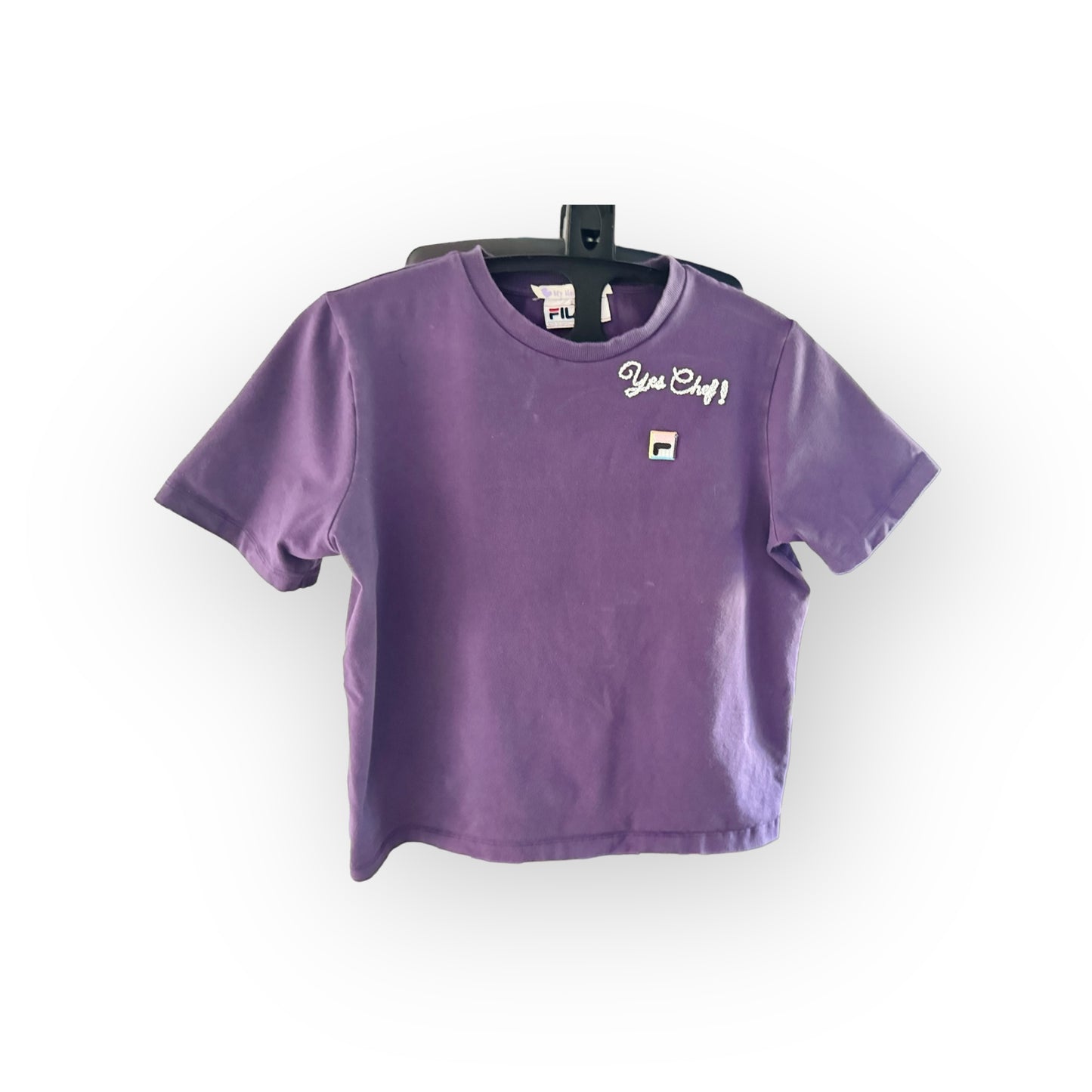 Purple Fila large crop t-shirt Yes Chef!