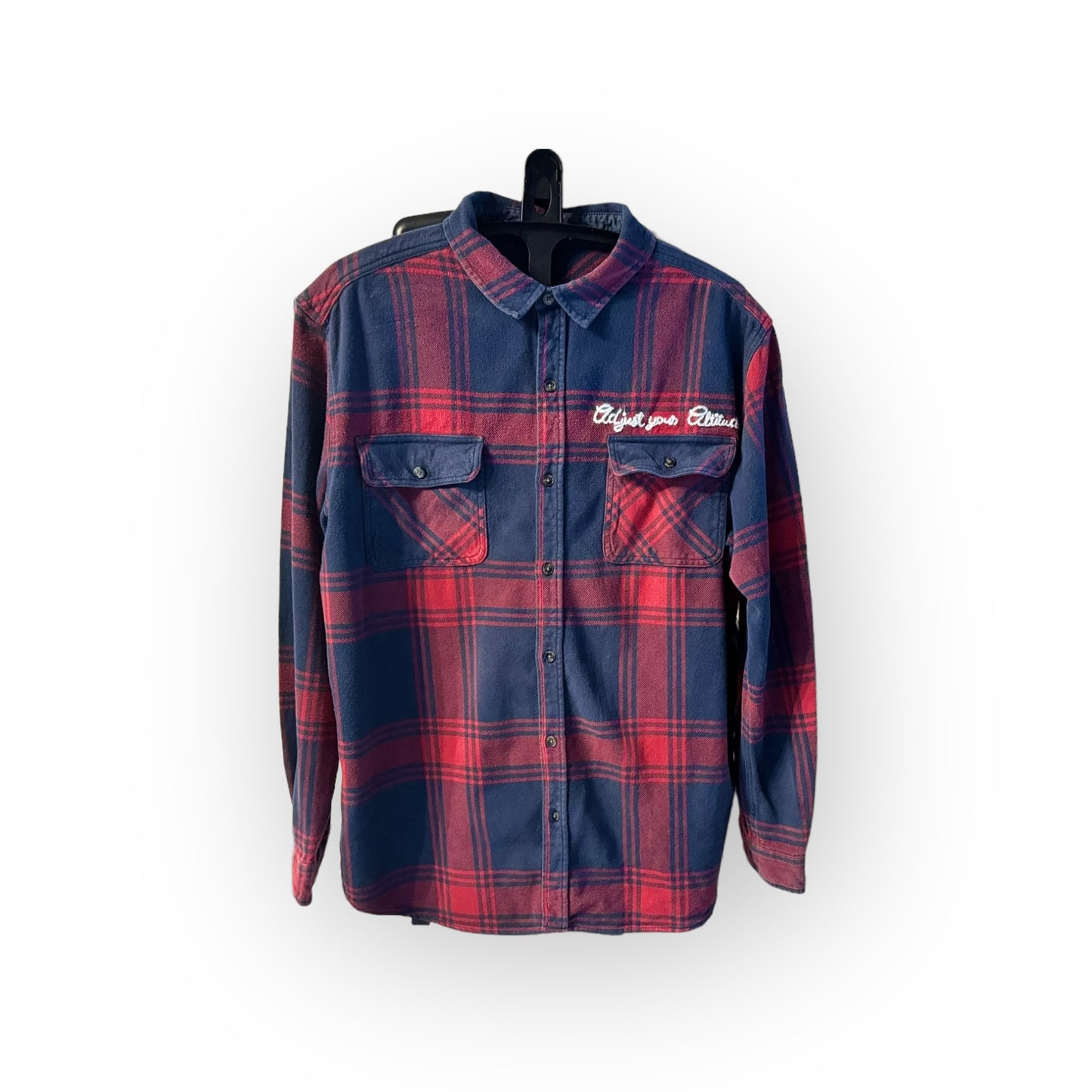 Red and Navy Tartan plaid Adjust your Altitude flannel XXL