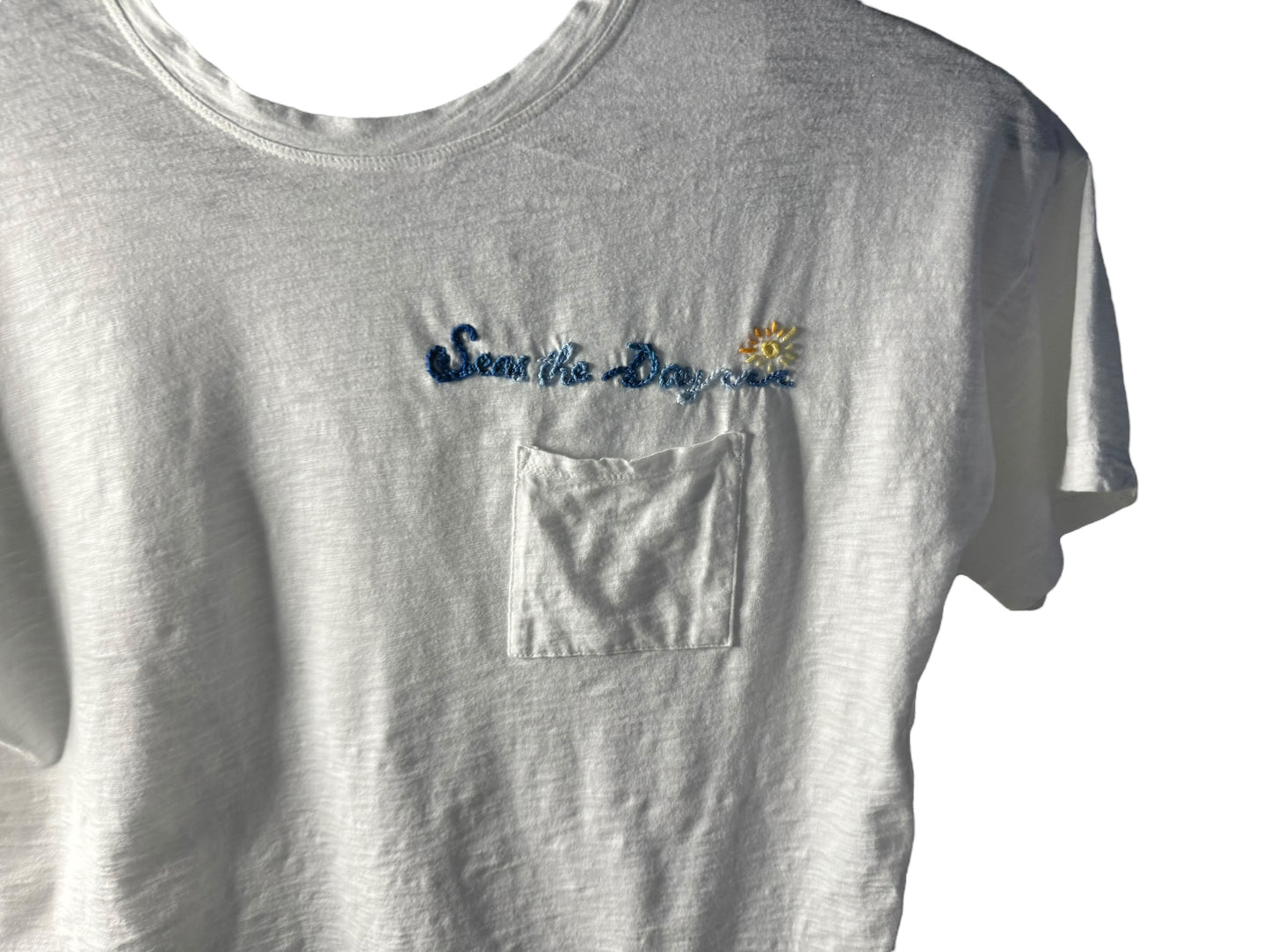 Seas the day small white crop tee